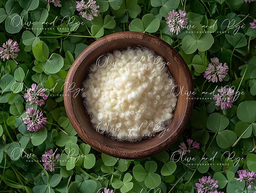 Rustic Bowl in Clover with Purple Flowers Newborn Digital Backdrop – Serene, Nature-Inspired Setting for Baby’s First Photoshoot