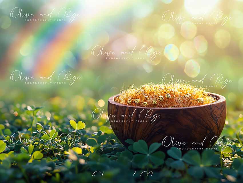 Rustic Bowl with Golden Fluffy Inlay & Rainbow – A Magical Newborn Digital Backdrop for St. Patrick’s Day