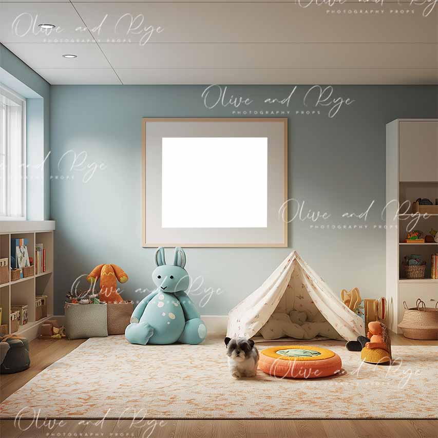 Pale Blue Baby Playroom Wall Guide Digital Backdrop – Showcase Your Work in a Light, Tranquil Nursery Setting