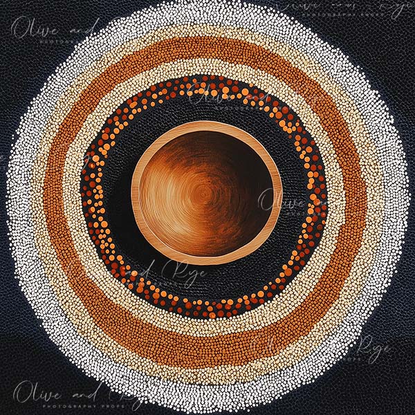Australian Aboriginal Dot Painting with Wooden Bowl Newborn Digital Photo Backdrop – Celebrate Australia’s Heritage in Photography