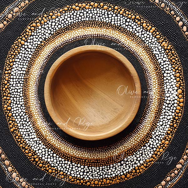 Australian Aboriginal Dot Painting with Wooden Bowl Newborn Digital Photo Backdrop – Celebrate Australia’s Heritage in Photography