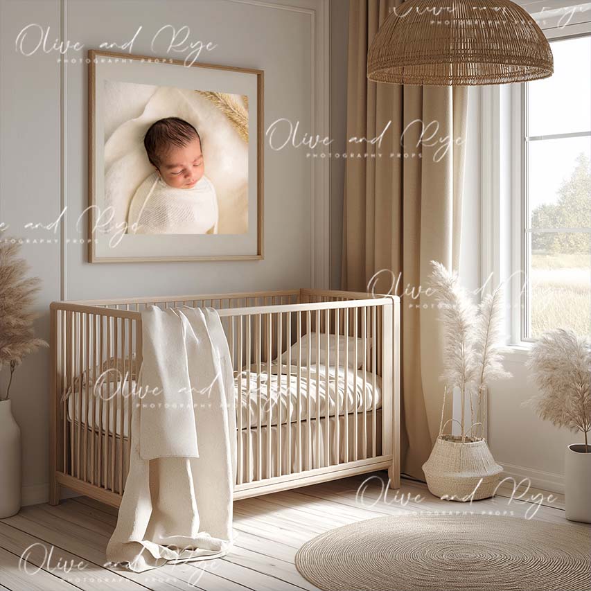 Neutral Baby’s Room Wall Guide Digital Backdrop – Showcase Your Work in a Soft, Serene Nursery Setting
