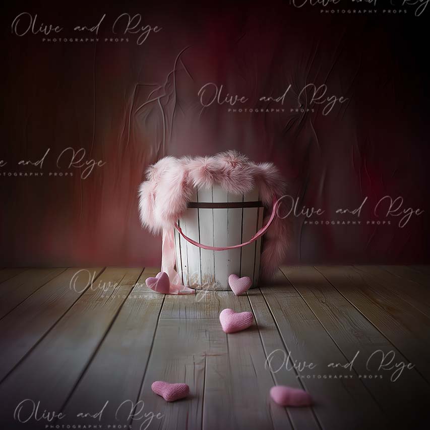 Newborn Bucket digital backdrop, Deep Pink with Light Wooden Floor & Cascading Pink Fluff – A Dreamy Newborn Photography Setting. Perfect for Valentines Day!