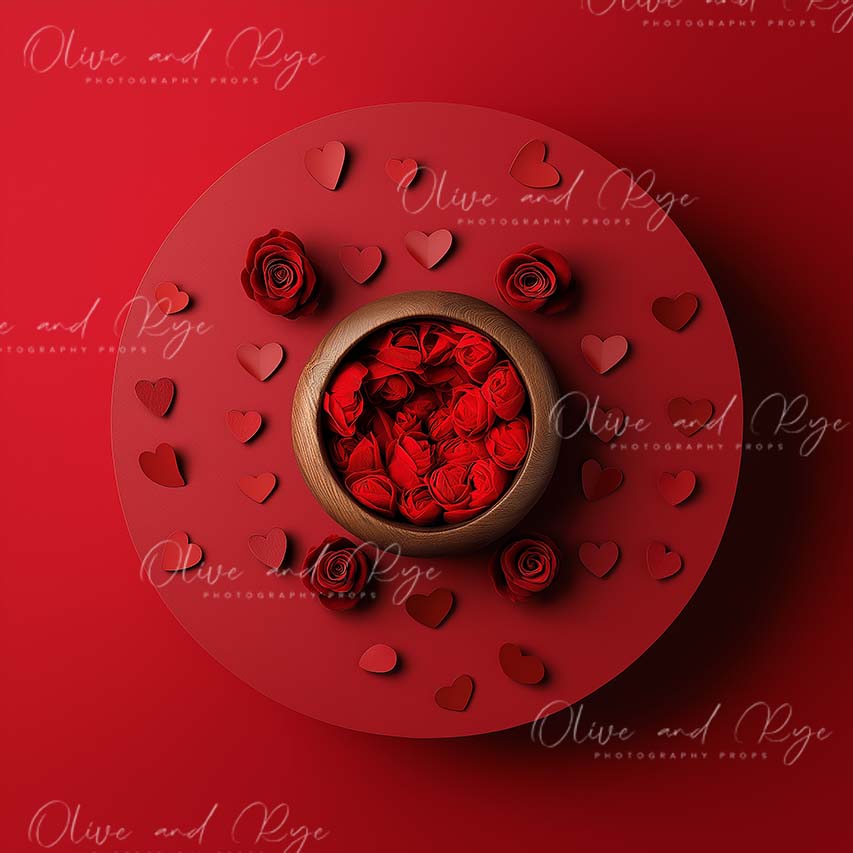 Valentine's Day Red Digital Backdrop with Roses and Hearts around a bowl – A Sweet Celebration of Love