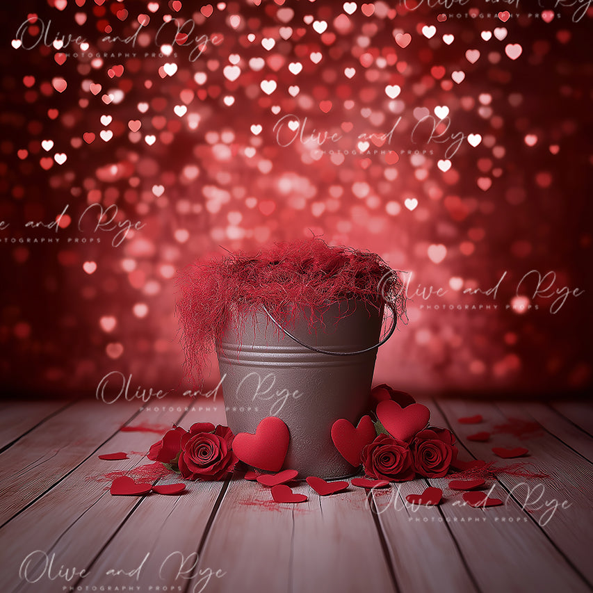 Red Bokeh Hearts Digital Backdrop with Tin Bucket and Cascading Red Texture - A Romantic Valentines Newborn Photography Setting