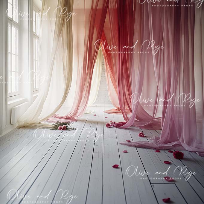 Soft Pink, White & Red Curtain Digital Backdrop - Maternity, Glamour, Valentines Day