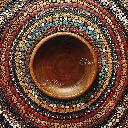 Australian Aboriginal Stone Circles with Wooden Bowl Newborn Digital Photo Backdrop – Celebrate Australia’s Heritage in Photography