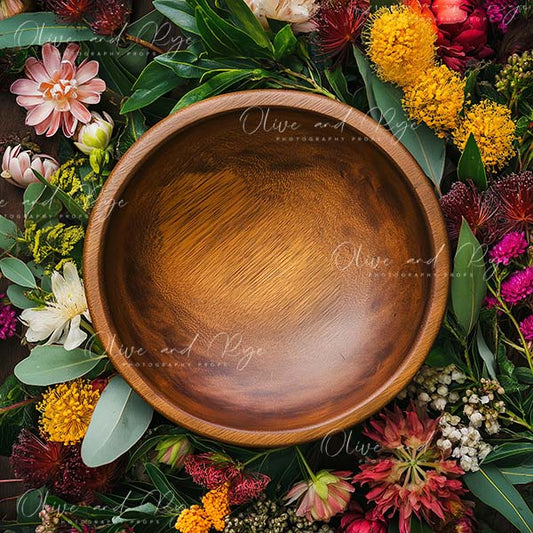 Australian Florals Surrounding Smooth Wooden Bowl Newborn Digital Photo backdrop