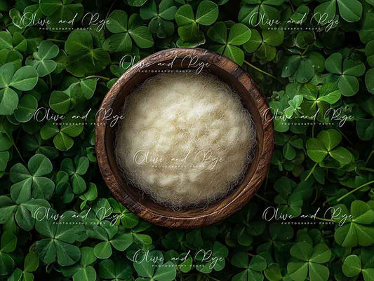Rustic Bowl in Clover Newborn Digital Backdrop – Serene, Nature-Inspired Setting for Baby’s First Photoshoot