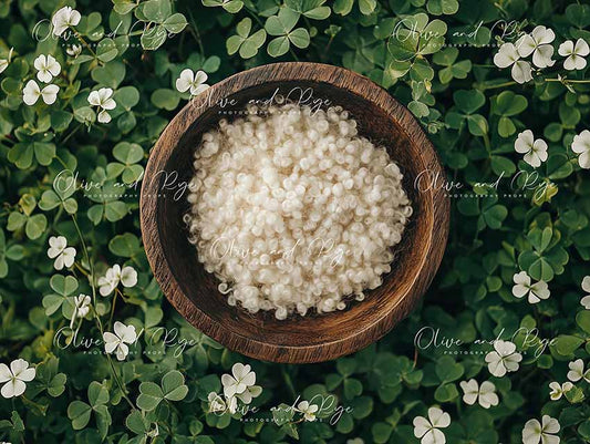 Rustic Bowl in Clover with White Accents Newborn Digital Backdrop – Serene, Nature-Inspired Setting for Baby’s First Photoshoot