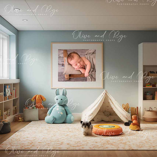 Pale Blue Baby Playroom Wall Guide Digital Backdrop – Showcase Your Work in a Light, Tranquil Nursery Setting