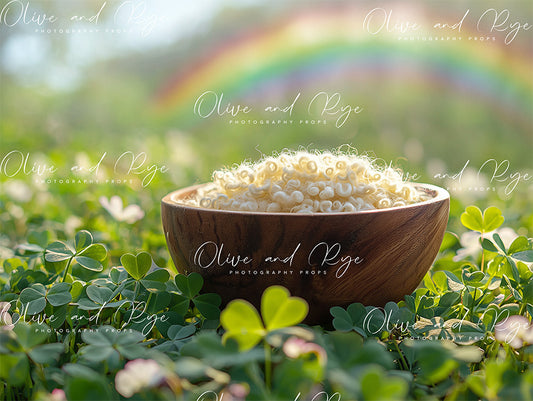 Wooden Bowl with Fluffy Inlay and Rainbow – A Dreamy Newborn Digital Backdrop for Rainbow Babies and St. Patrick’s Day