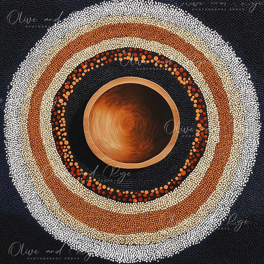 Australian Aboriginal Dot Painting with Wooden Bowl Newborn Digital Photo Backdrop – Celebrate Australia’s Heritage in Photography