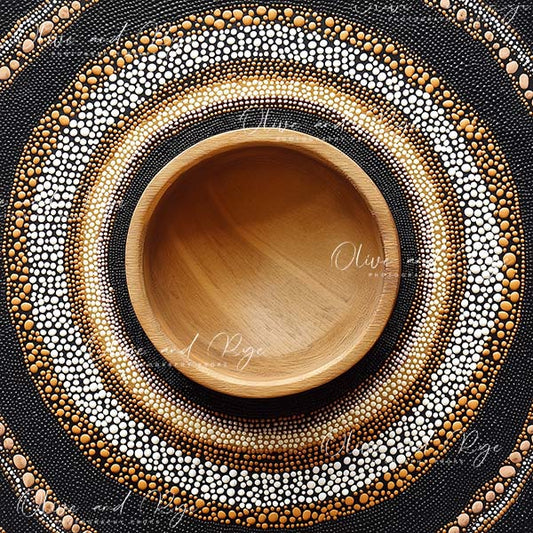 Australian Aboriginal Dot Painting with Wooden Bowl Newborn Digital Photo Backdrop – Celebrate Australia’s Heritage in Photography