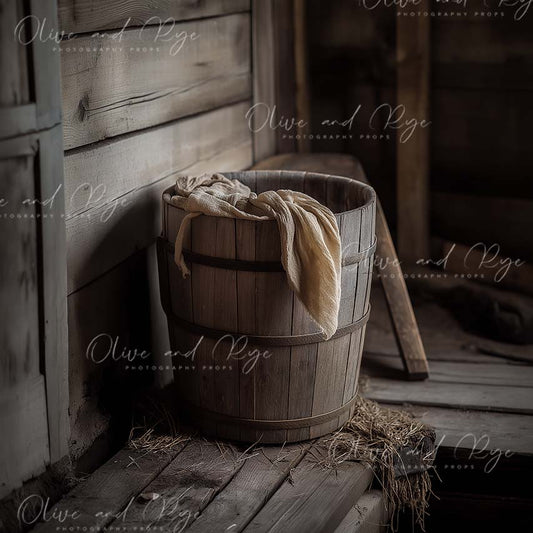 Farm house Bucket with Draping Fabric – Rustic Newborn Photography Digital Backdrop