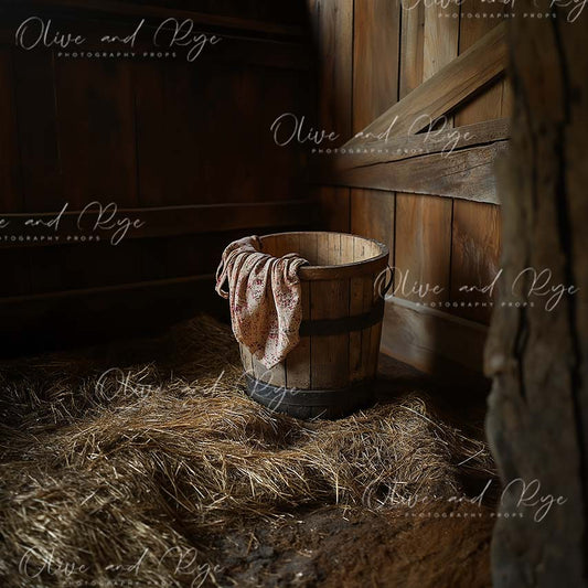 Farm house Bucket with Straw – Rustic Newborn Photography Digital Backdrop