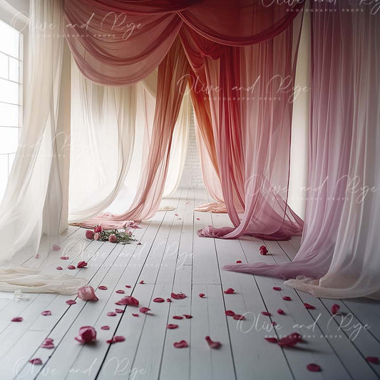 Soft Pink, White & Red Curtain Digital Backdrop – A Dreamy, Feminine Maternity Photography Setting