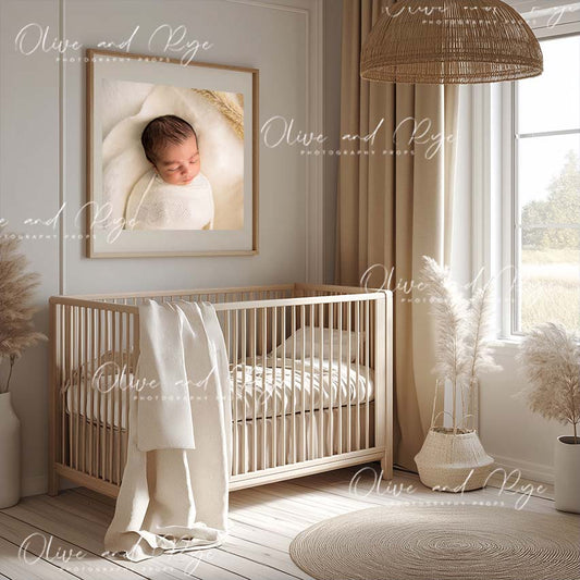 Neutral Baby’s Room Wall Guide Digital Backdrop – Showcase Your Work in a Soft, Serene Nursery Setting