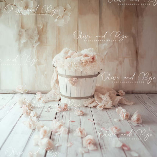 White Wooden Bucket with Draping Fabric, Floral Accents Newborn Digital Photo backdrop, Valentines Day, Baby Girl