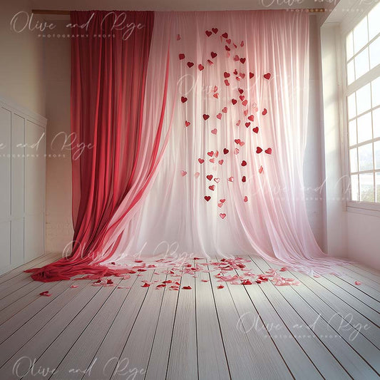 Pink, White & Red Curtain with Falling Hearts – A Dreamy, Feminine Maternity Photography Digital Backdrop
