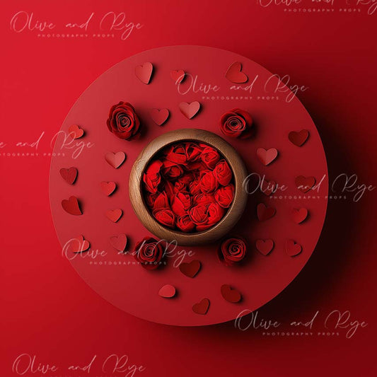 Valentine's Day Red Digital Backdrop with Roses and Hearts around a bowl – A Sweet Celebration of Love