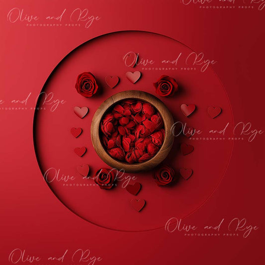Valentines Day Newborn Digital Photo backdrop with hearts, roses surrounding a bowl with an indented centre