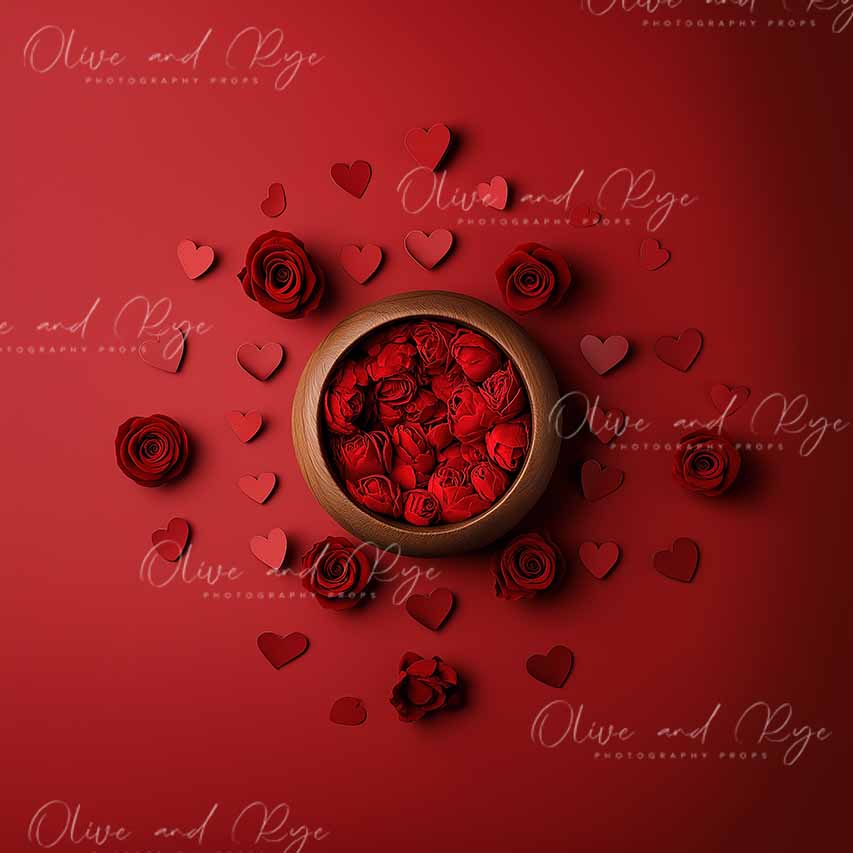 Valentine's Day Red Bowl Digital Backdrop with Roses and Hearts – A Sweet Celebration of Love