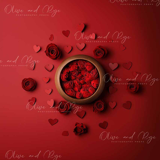 Valentine's Day Red Bowl Digital Backdrop with Roses and Hearts – A Sweet Celebration of Love