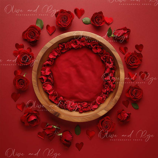 Simple Valentines Day Bowl Newborn Digital Photo backdrop with hearts and roses