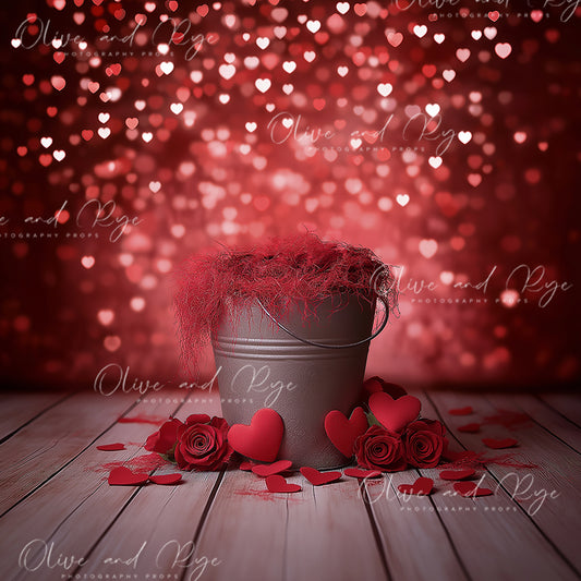 Red Bokeh Hearts Digital Backdrop with Tin Bucket and Cascading Red Texture - A Romantic Valentines Newborn Photography Setting