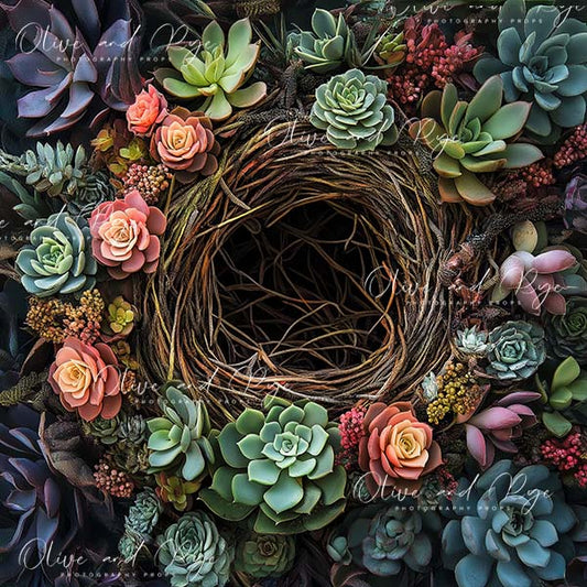 Succulent Newborn Photography Digital Backdrop – Aerial View with Gorgeous Nest