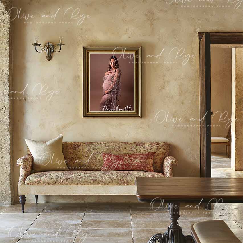 Tuscan Lounge room 1 Wall Guide/Frame Mockup Digital Backdrop – Showcase Your Work in a Home that Reflects Your Client’s Style