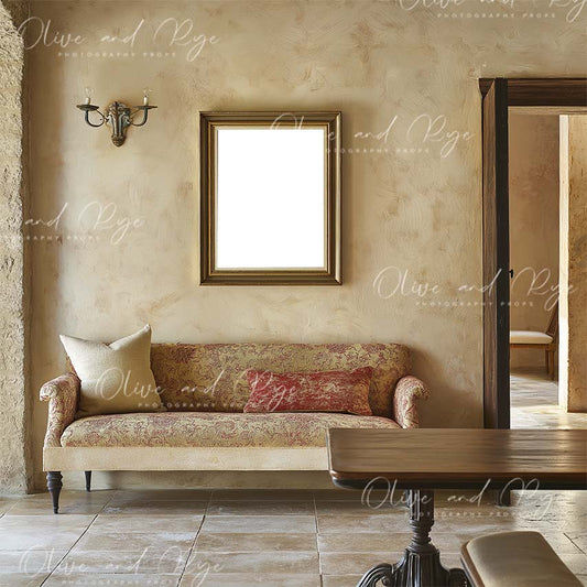 Tuscan Lounge room 1 Wall Guide/Frame Mockup Digital Backdrop – Showcase Your Work in a Home that Reflects Your Client’s Style