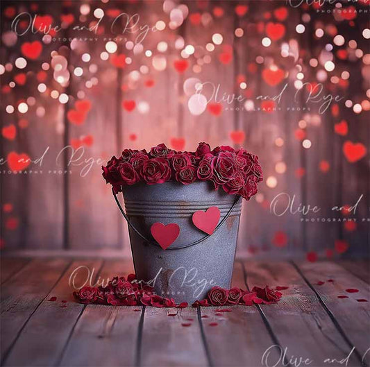 Red Bokeh Digital Backdrop with Tin Bucket and Cascading Red Roses - A Floral Romantic Valentines Newborn Photography Setting