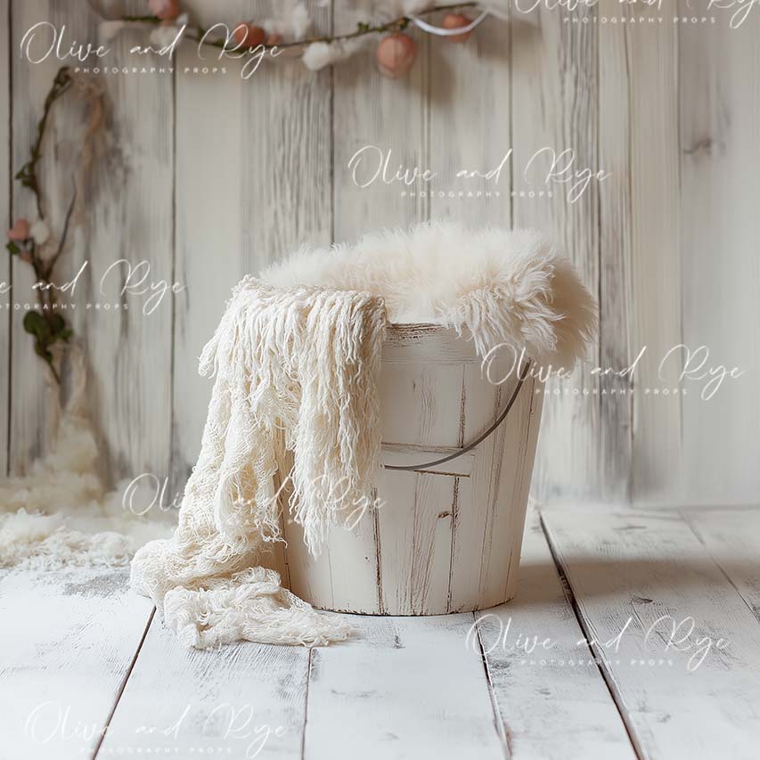 White Wooden Bucket with Draping Fabric & Simple Floral Accents Newborn Digital Photo backdrop