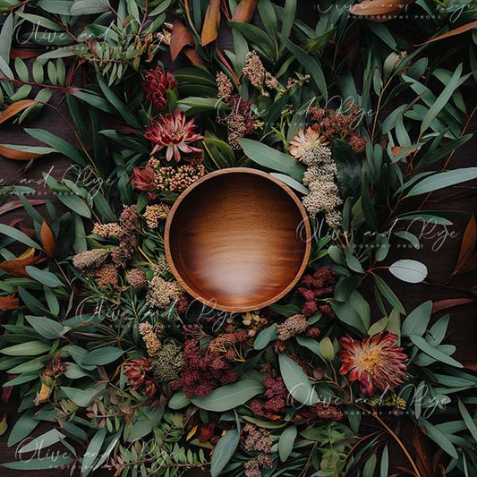 Smooth Wooden Bowl Surrounded by Stunning Native Florals - Digital Newborn Photography Backdrop